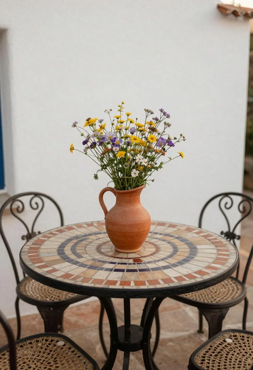 Mosaic-tile table with terracotta wildflower pitcher on a sunlit Mediterranean terrace