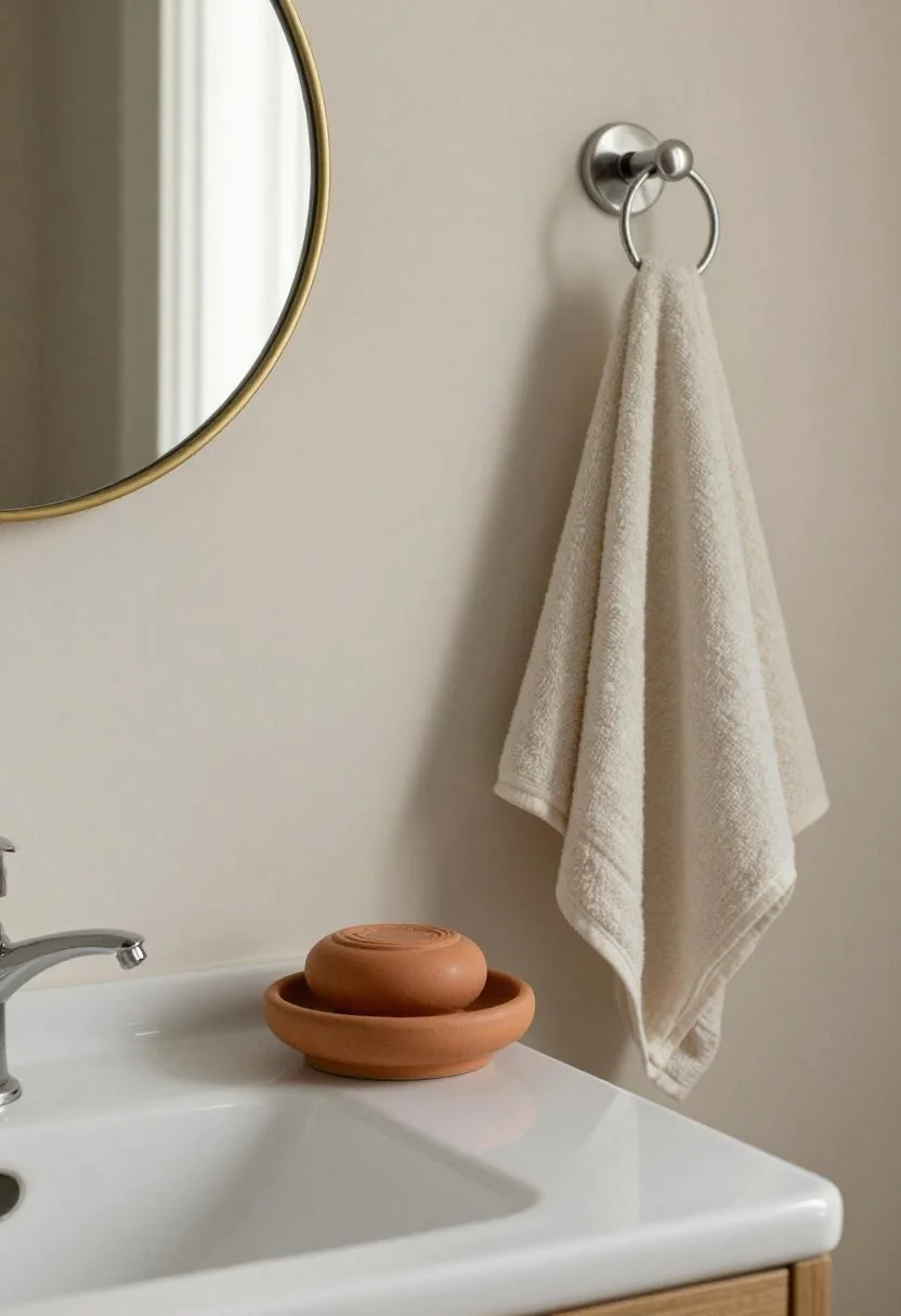 Retro camper vanity corner with terracotta ceramic dish and brass round mirror