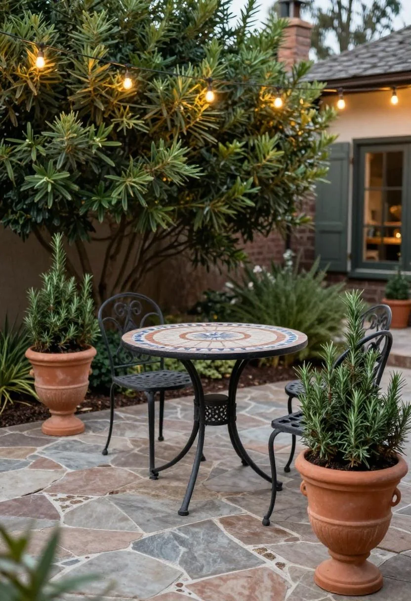 Wrought iron bistro table and terracotta rosemary urns on a barndominium flagstone terrace at dusk