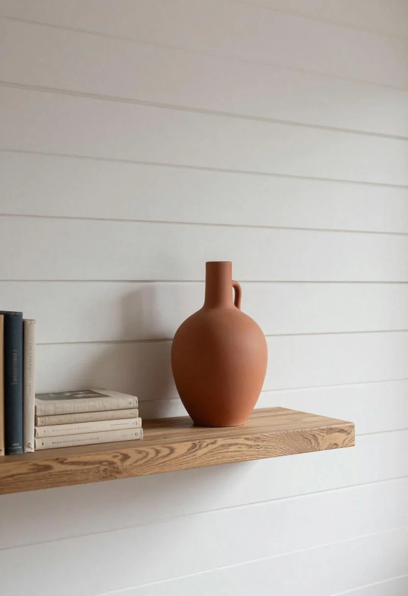 Whitewashed shiplap wall with oak shelf, terracotta ceramic vase, and stacked linen books
