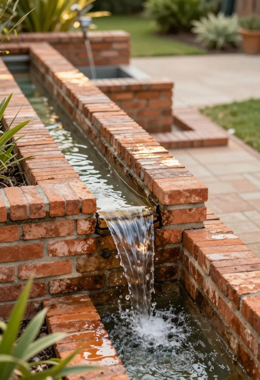 Handmade terracotta brick waterfall channel leading to a raised rectangular garden pond