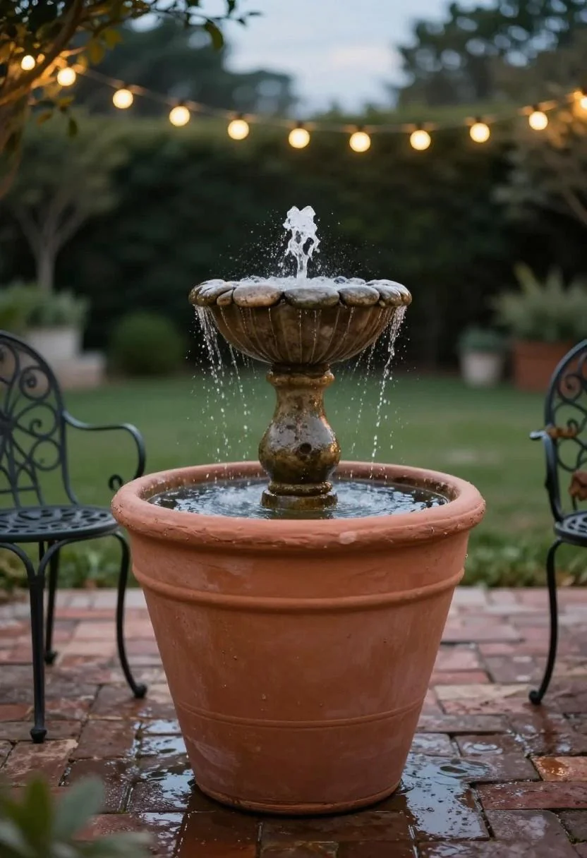 Warm terracotta pot fountain beside a wrought-iron chair on a brick patio glowing with dusk string lights