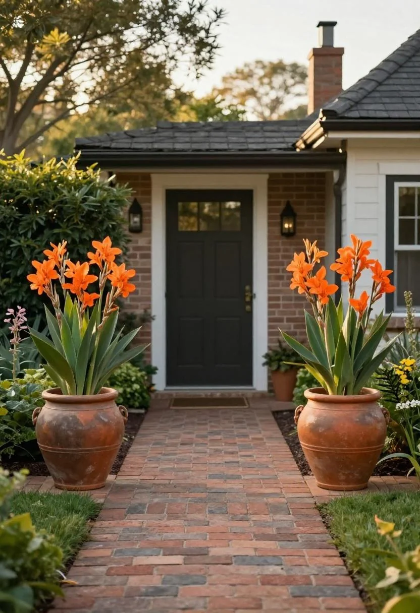 Handmade terracotta pots of red canna lilies flanking a limestone bench on a Mediterranean terrace at dusk