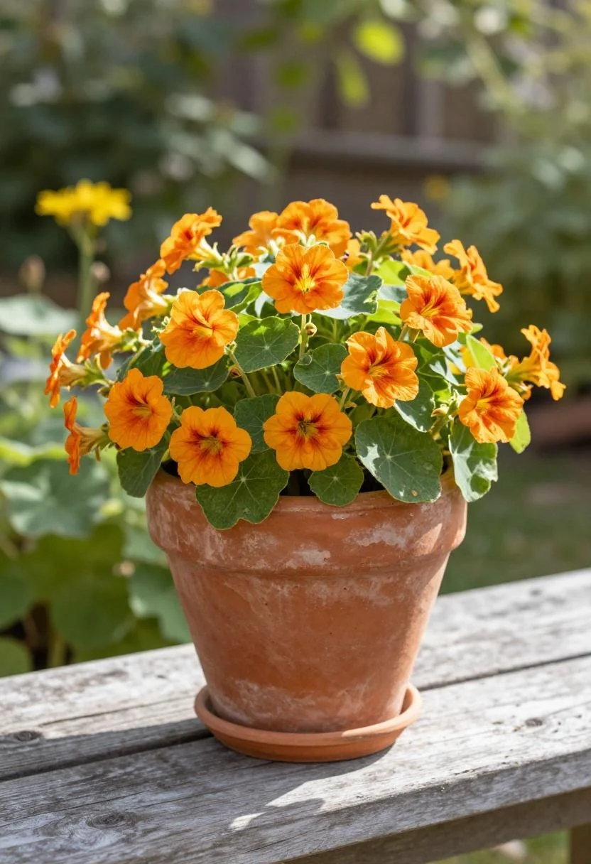 Rust-glazed stoneware pot of nasturtiums on a terracotta saucer at the end of a cedar garden bench