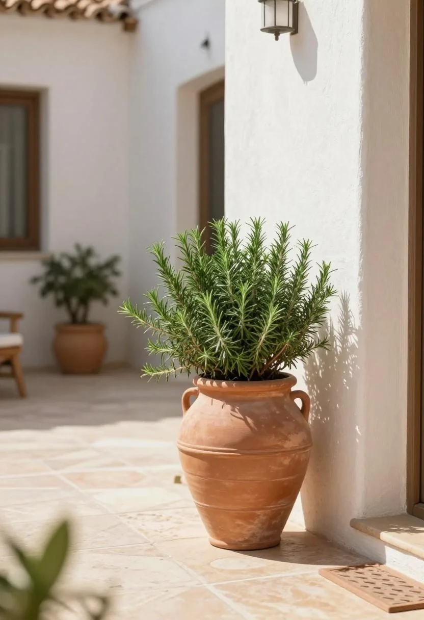 Terracotta amphora with trailing rosemary leaning against a Mediterranean courtyard stucco wall
