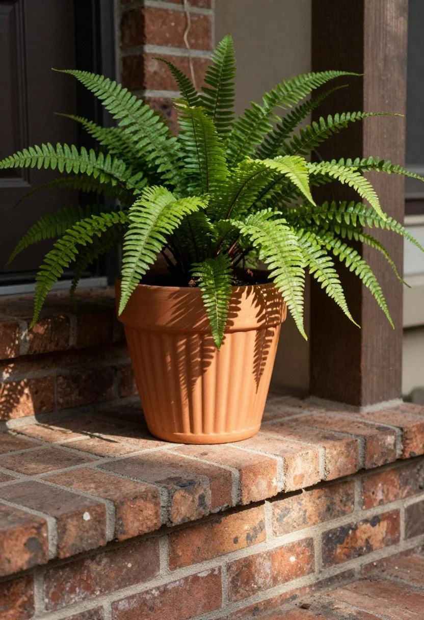 Ribbed terracotta pot with Kimberly Queen fern on the edge of a brick porch step in morning light