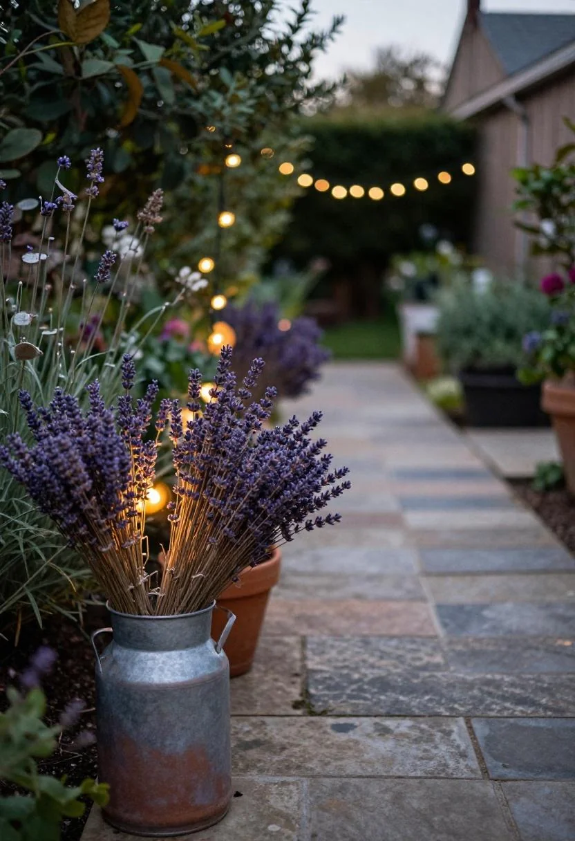 Terracotta milk can with dried lavender beside a stone garden path at dusk
