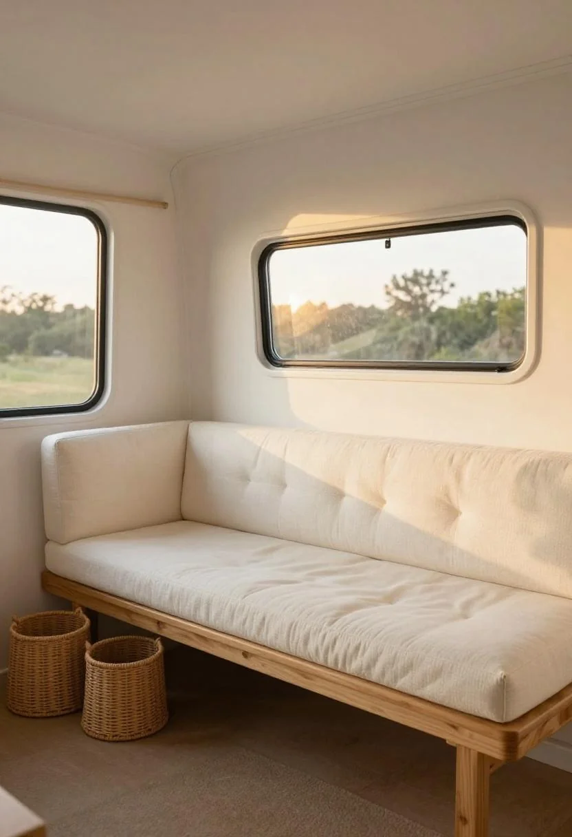 Cream white bouclé bench over under-seat rattan storage in a camper rear lounge