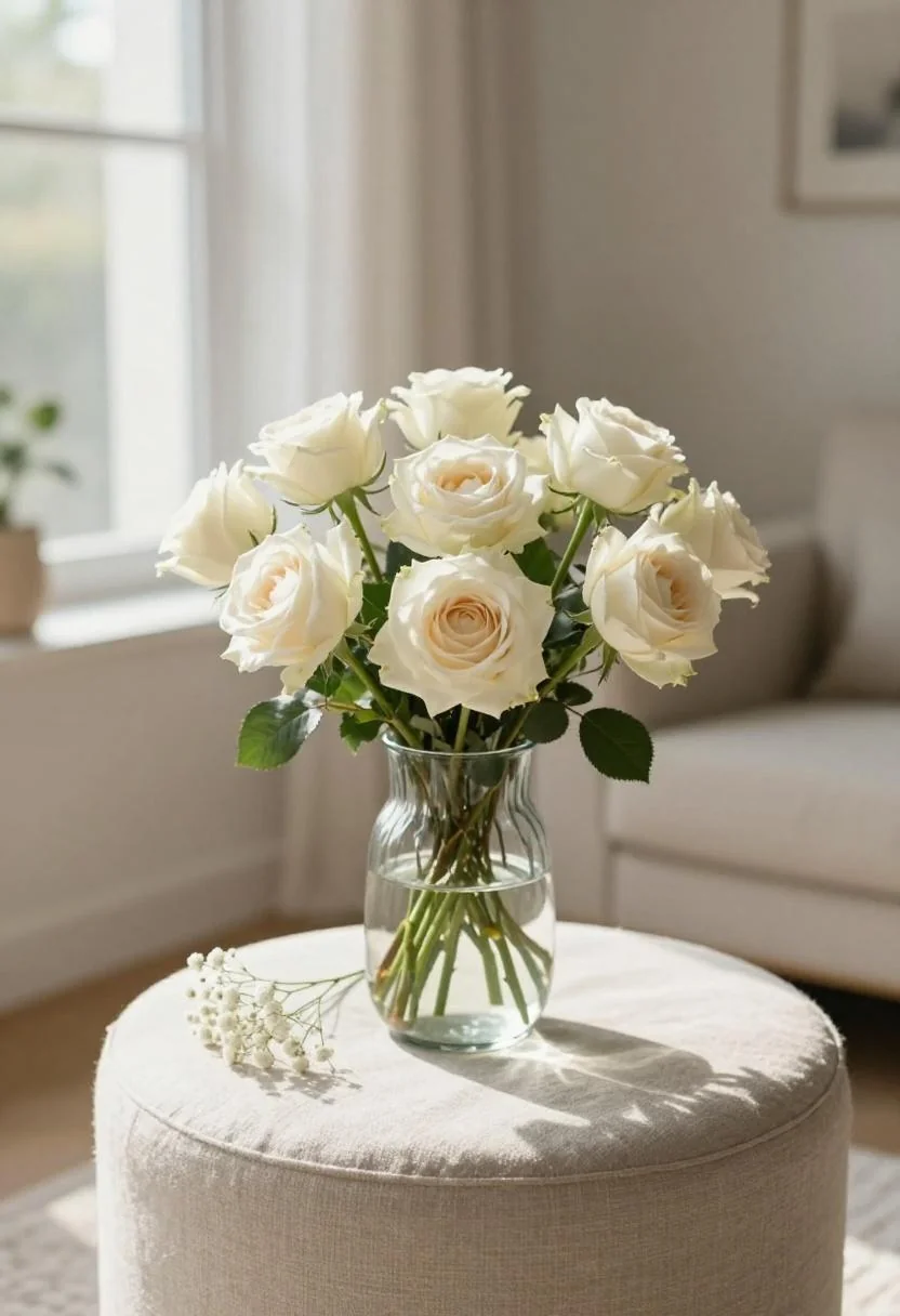 Cream white garden roses in a rippled glass vase centered on a linen ottoman in morning light