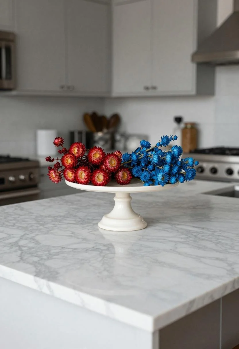 Cream white porcelain cake stand with red and blue strawflowers on a marble island creates an elegant July 4th kitchen focal point
