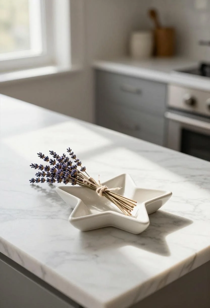 Cream White ceramic star dish with dried lavender on a marble counter for a minimal patriotic kitchen accent