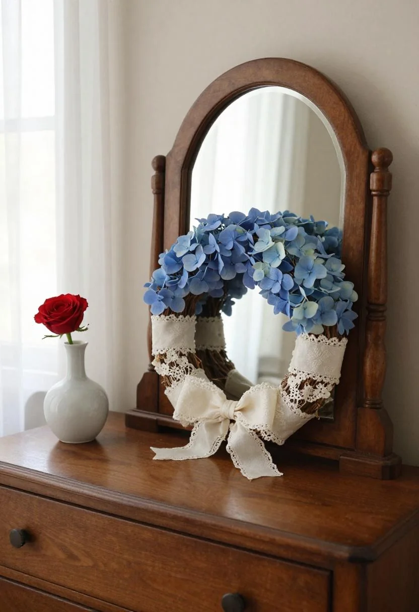 Cottagecore patriotic wreath made of cream lace and blue hydrangeas leaning against a vintage mirror
