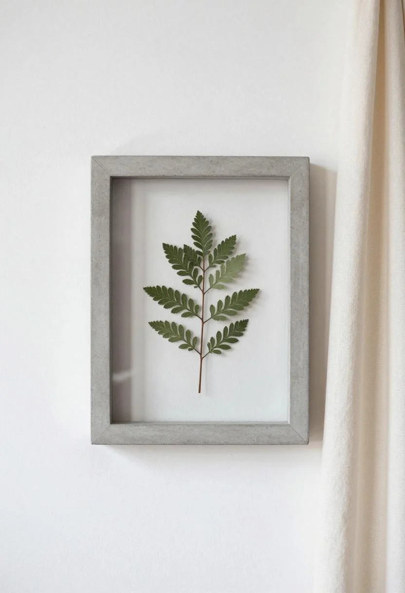 DIY concrete picture frame with botanical print and cream white linen panel on a gallery wall