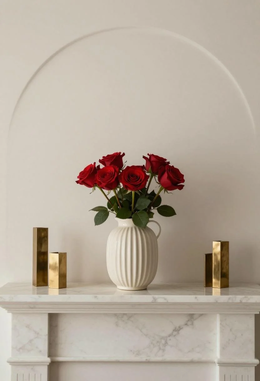 Neo Deco marble mantel with cream ribbed vase of red roses and brass taper holders