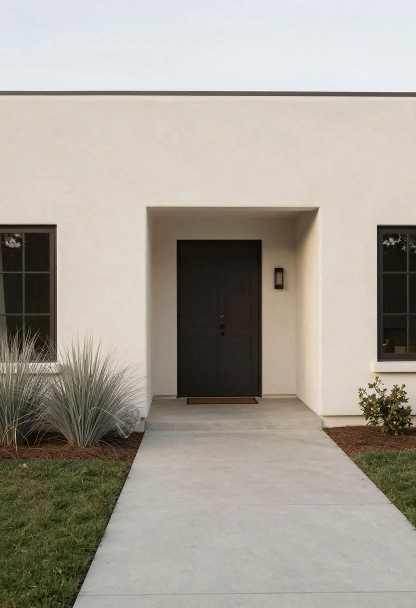 Cream white stucco exterior with a basalt stone planter anchoring the corner of a refreshed ranch house