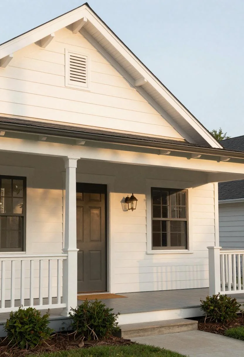 Cream white fascia and exposed rafter tails defining the roofline of a Craftsman bungalow at golden hour