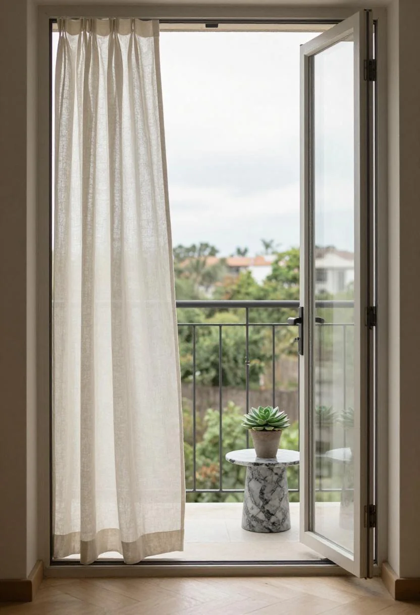 Cream white linen curtains and marble side table with succulent on a duplex balcony in soft daylight