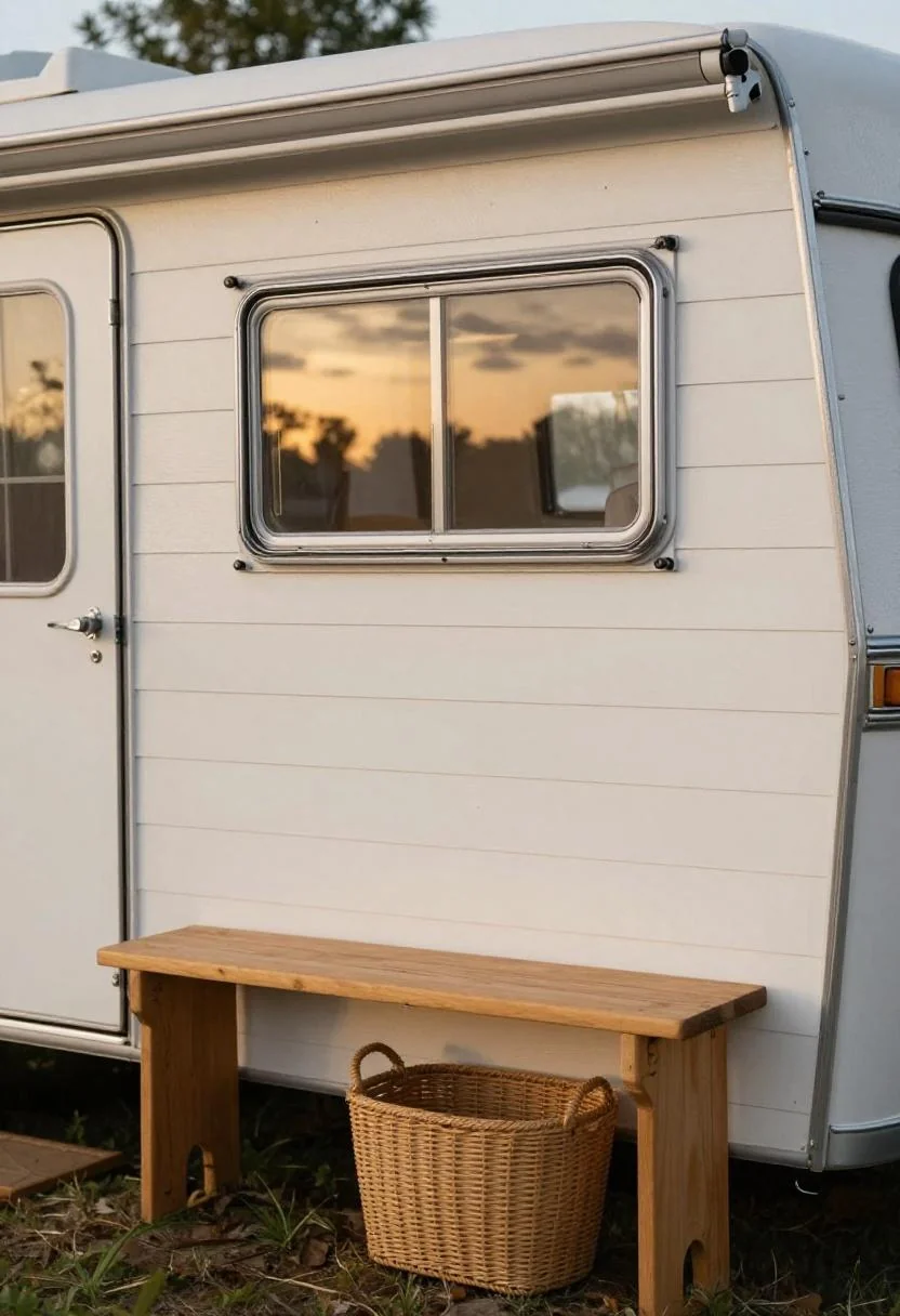 Vintage camper living end with cream white shiplap walls and rattan under-bench storage