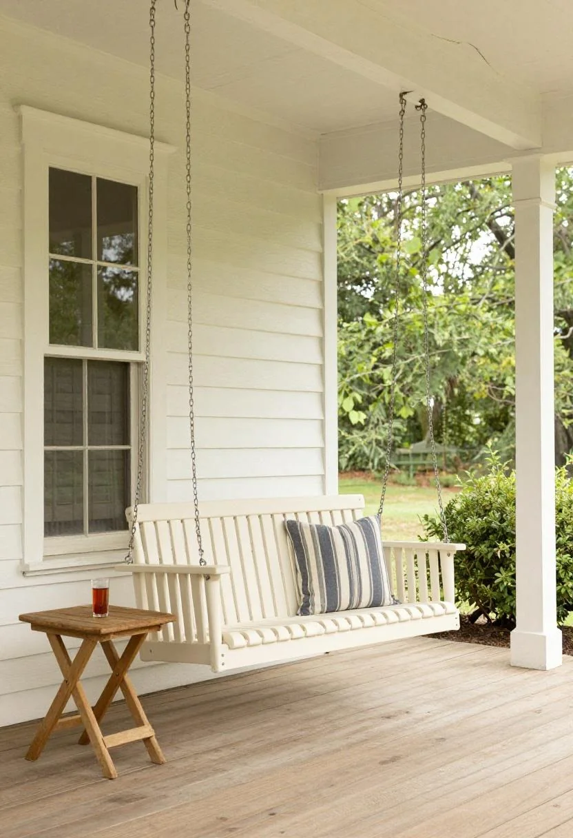 Cream white cypress porch swing with linen pillow and pine side table on a Southern wrap-around porch