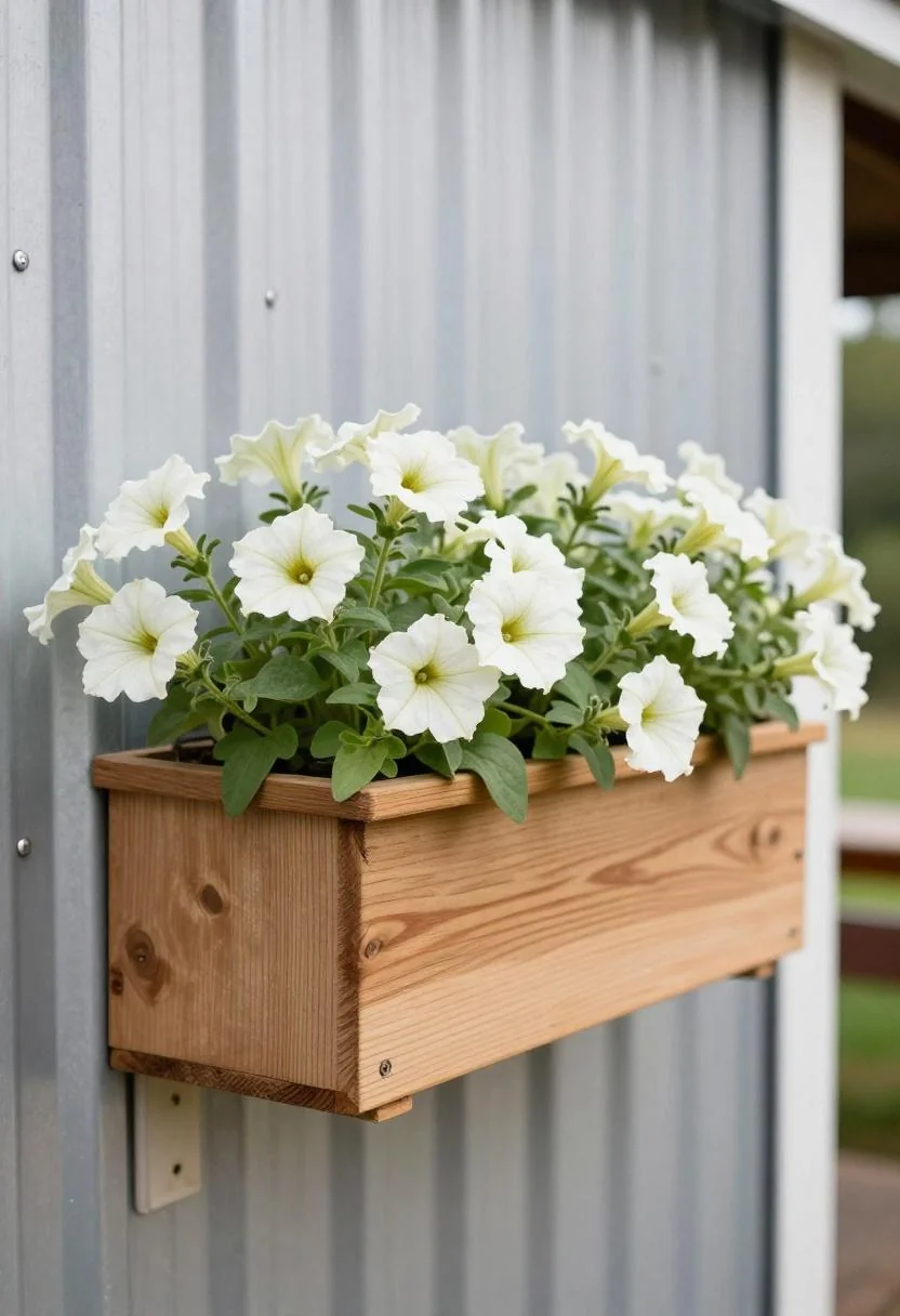 Cedar window box overflowing with cream petunias on a corrugated barndominium wall