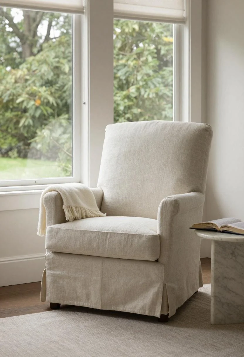 Linen wingback chair with cream cashmere throw and marble side table under a skylight reading nook