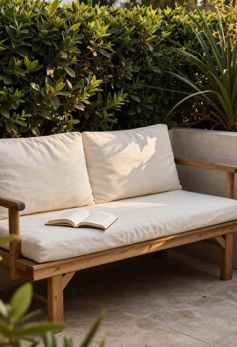 A cream linen cushion and open paperback on a teak bench tucked into a garden hedge