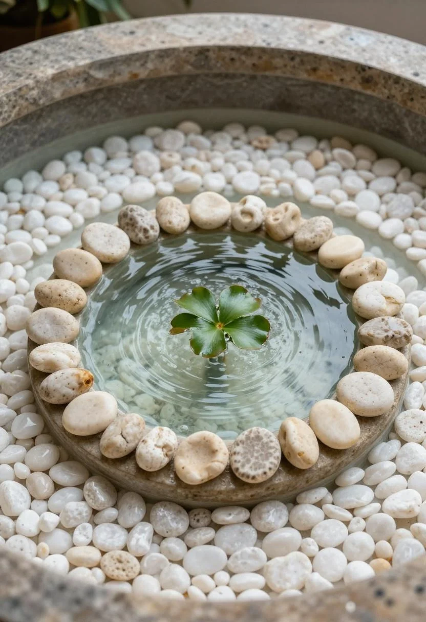 Overhead view of a cream-pebble circular balcony pond with a central waterfall and floating hyacinth