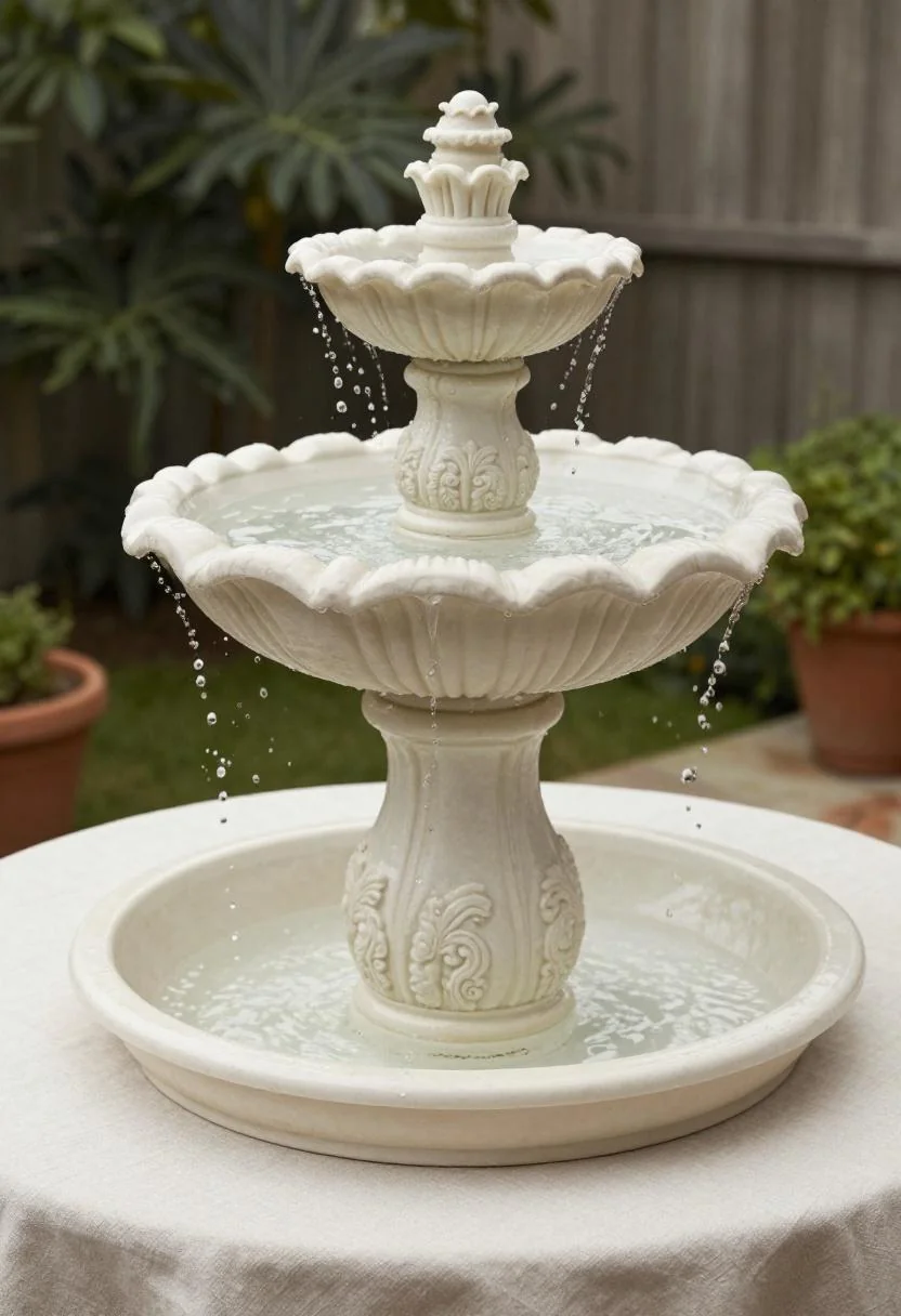 Cream white stoneware pot fountain overflowing into a marble dish on a shaded balcony side table