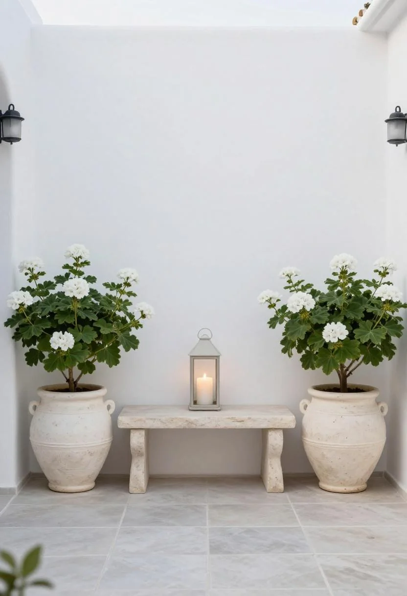 Alabaster ceramic pots of white geraniums framing a limestone bench with a candle lantern at dusk