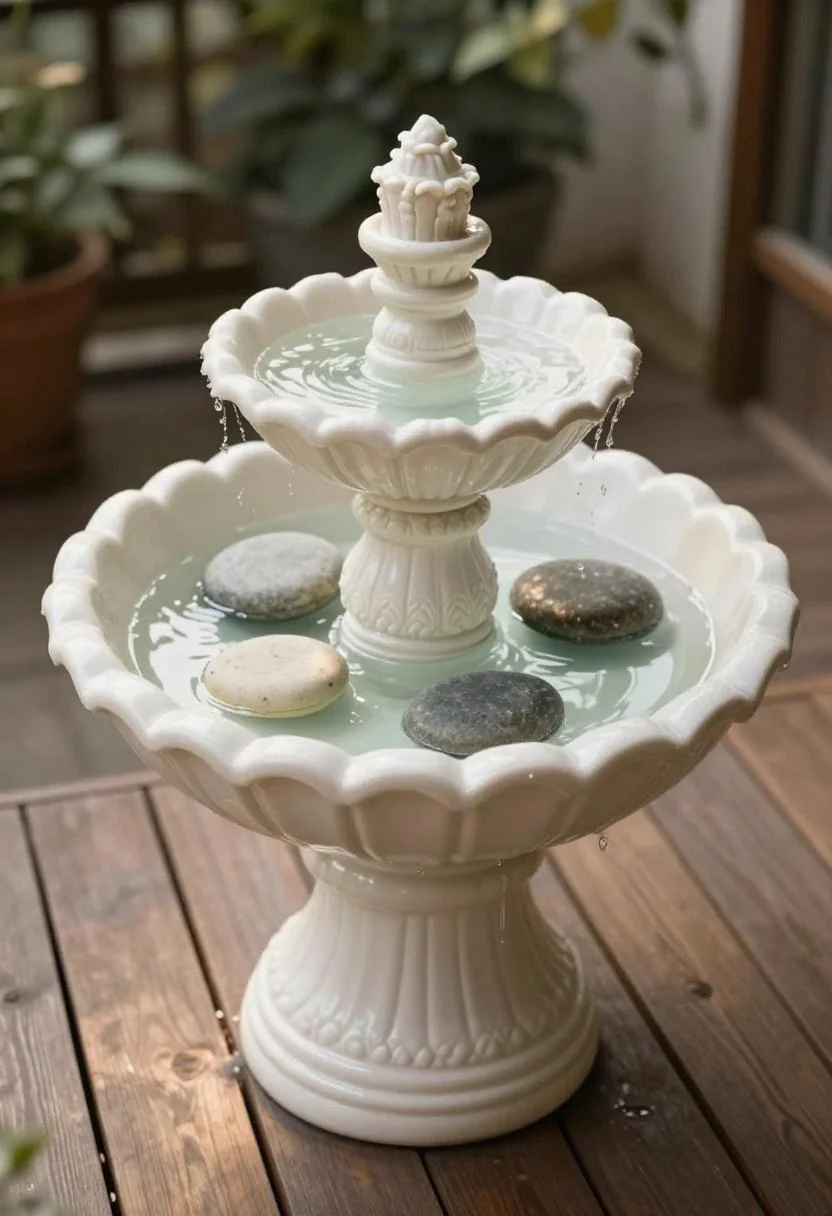 Cream white porcelain bowl pond fountain with basalt stones on a cedar deck in morning light