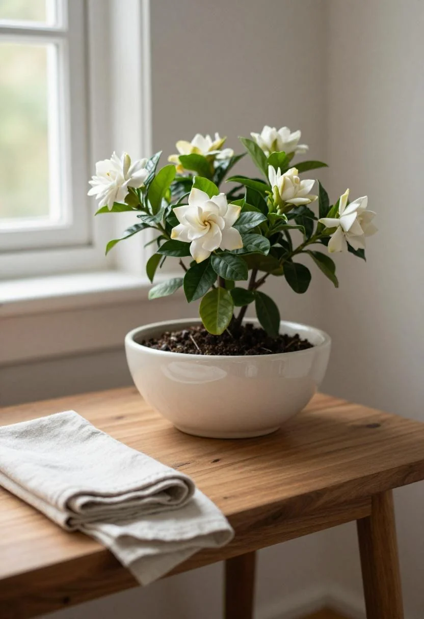 Cream white ceramic bowl planter with white gardenias on a teak balcony table in morning light