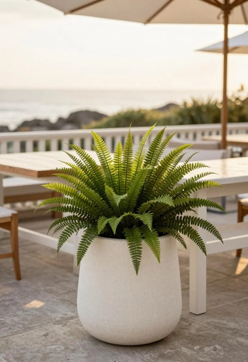 Cream white linen-wrapped planter with Kimberly Queen fern beside a whitewashed teak daybed on a coastal patio at golden hour
