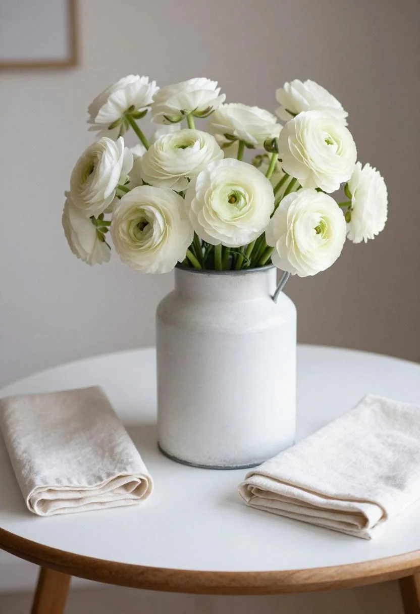 Whitewashed milk can with cream ranunculus as a centerpiece on a teak garden table