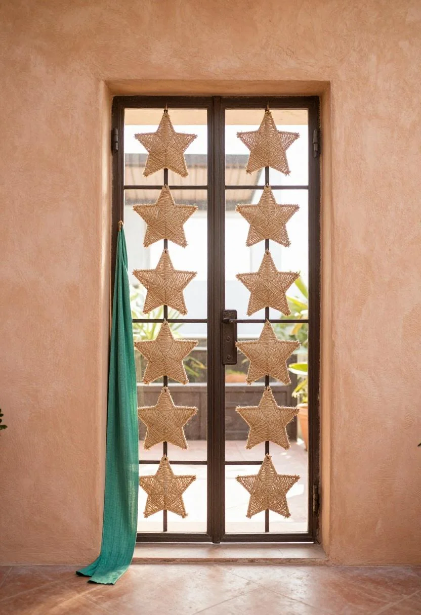 Iron-framed jute star door hanger with jade green linen ribbon on a Mediterranean stucco porch