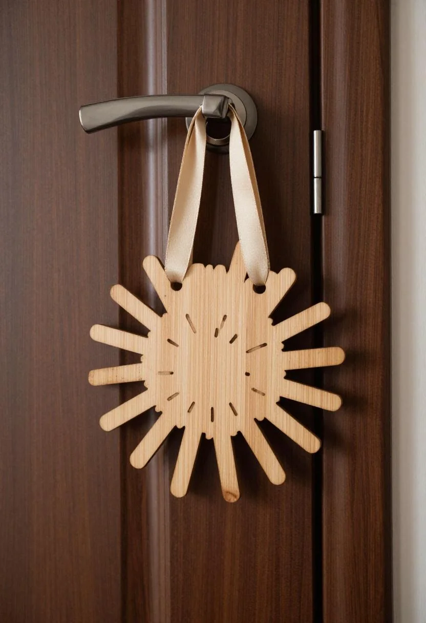 Birchwood firework-burst door hanger with wasabi silk ribbon on a dark walnut door