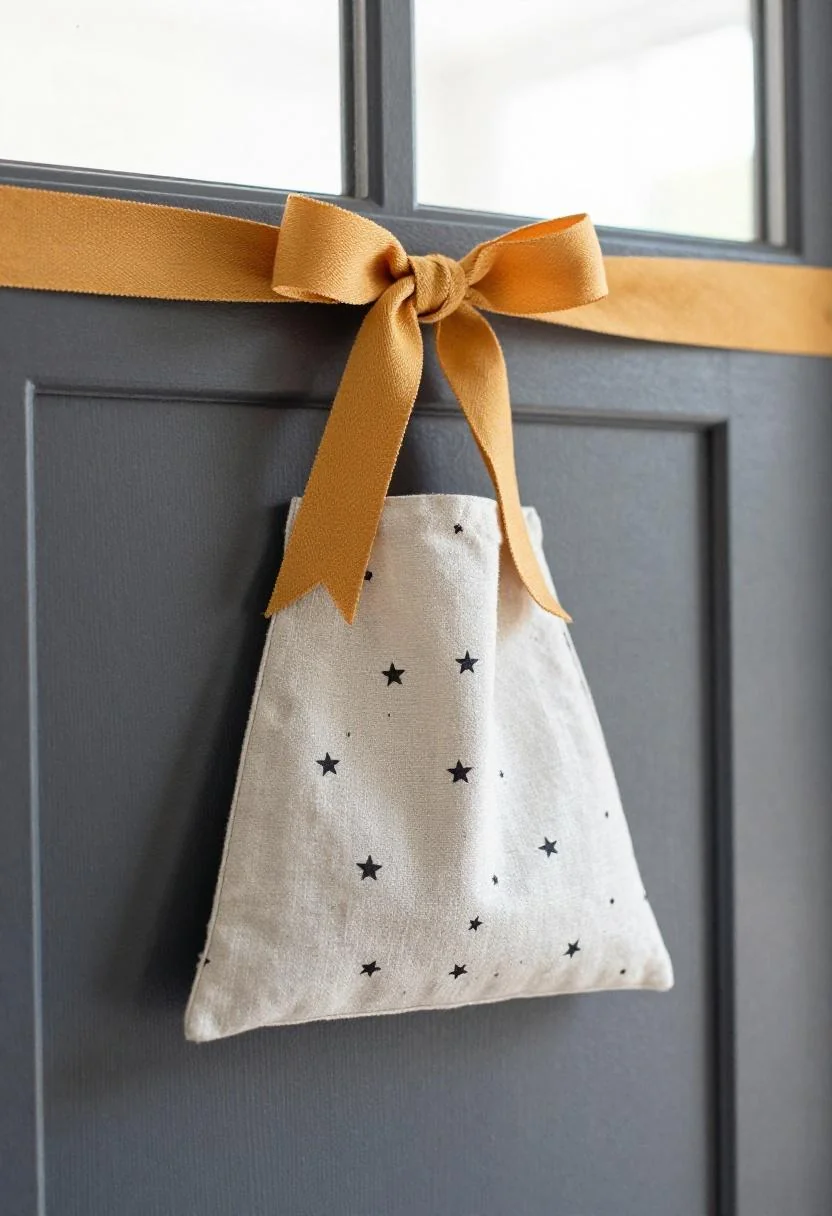 Linen star-print door hanger with persimmon grosgrain bow against a modern charcoal steel door
