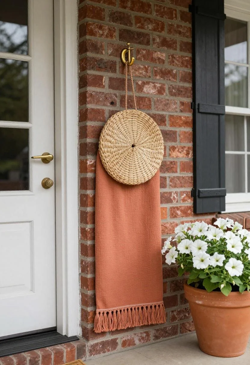 Seagrass door hanger with terracotta tassels on a brick colonial porch beside a white petunia pot