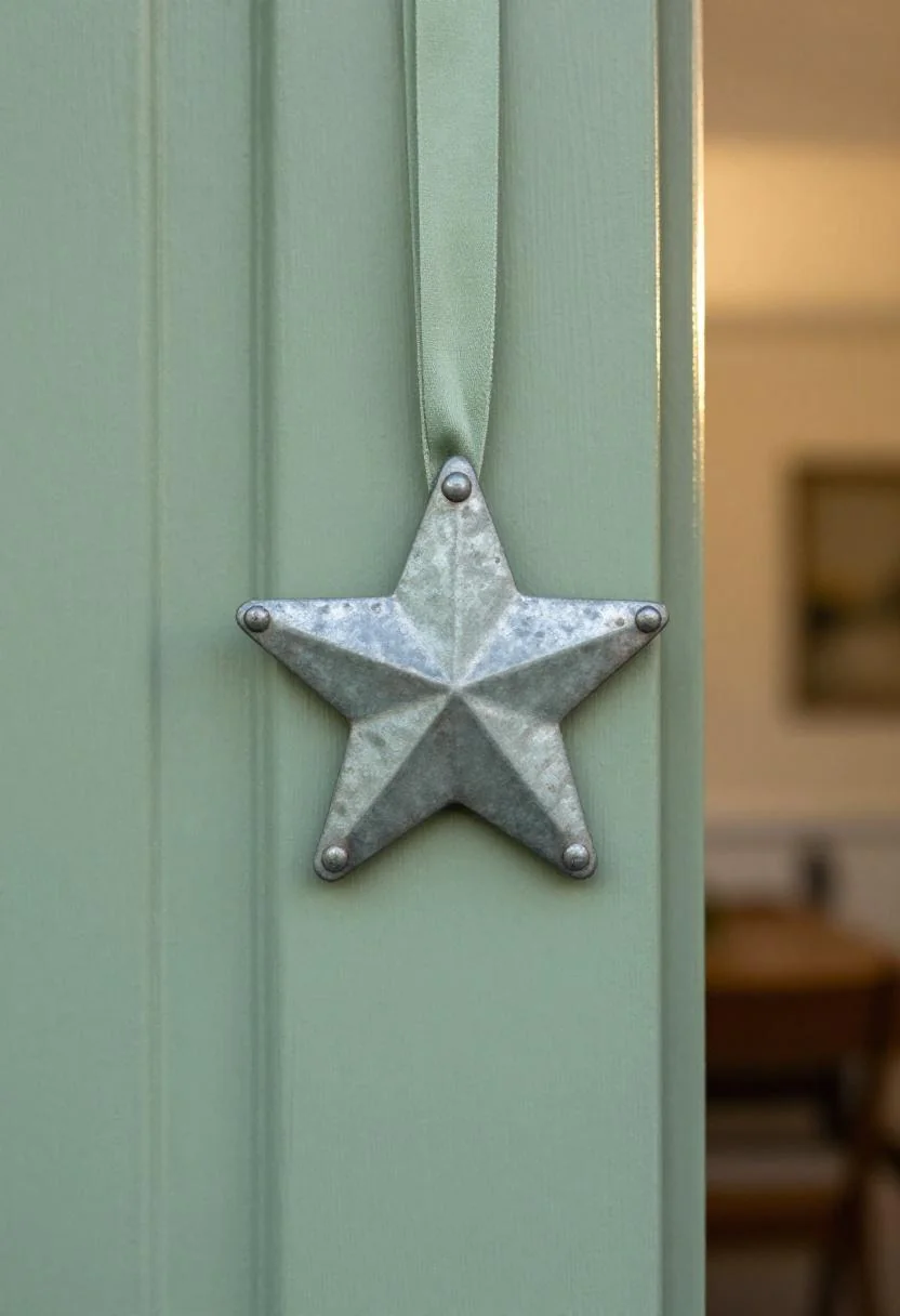 Galvanized metal star door hanger with sage green cotton ribbon on a painted farmhouse door