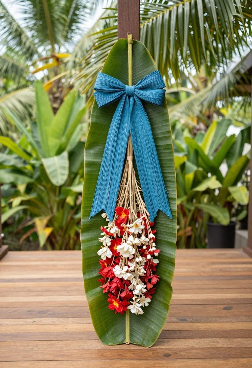 Banana-leaf door hanger with dried florals and a cool blue raffia bow on a tropical hardwood deck