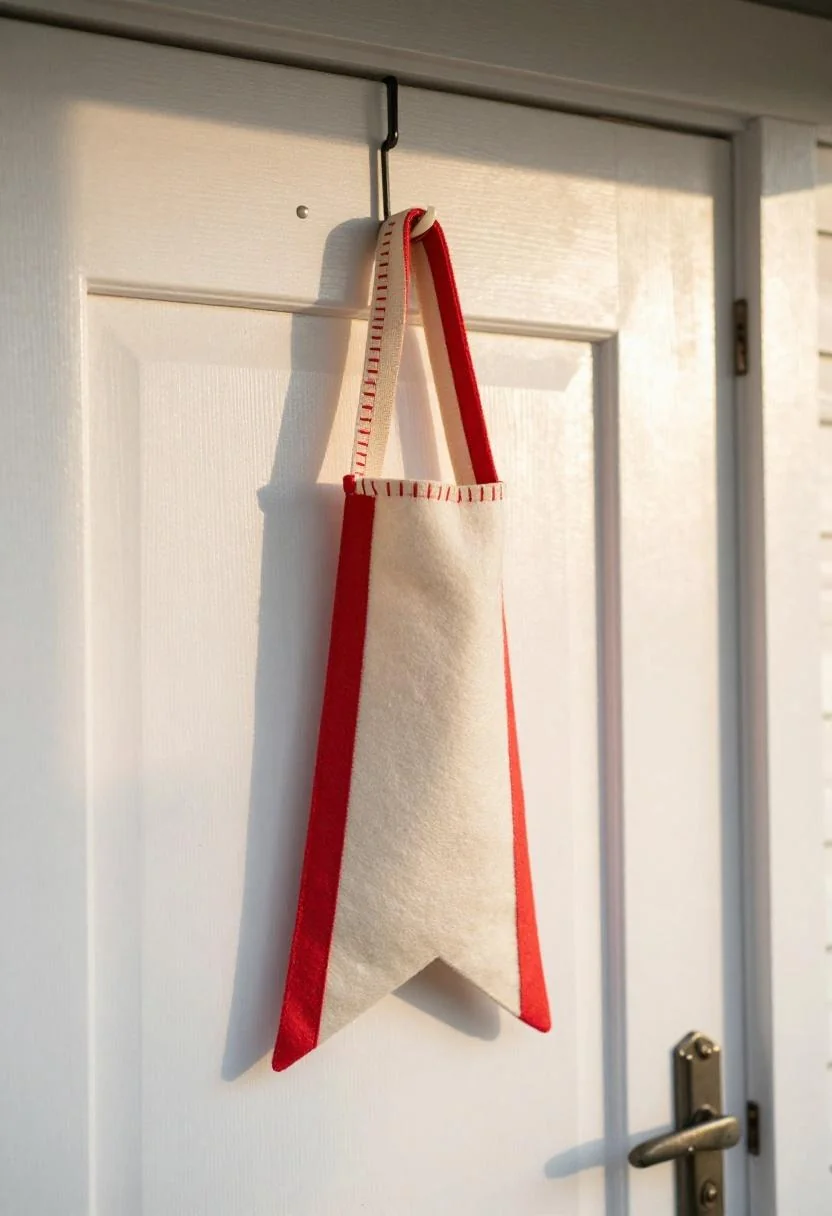 Felt pennant door hanger with wasabi ribbon trim on a white vinyl cottage porch door at golden hour