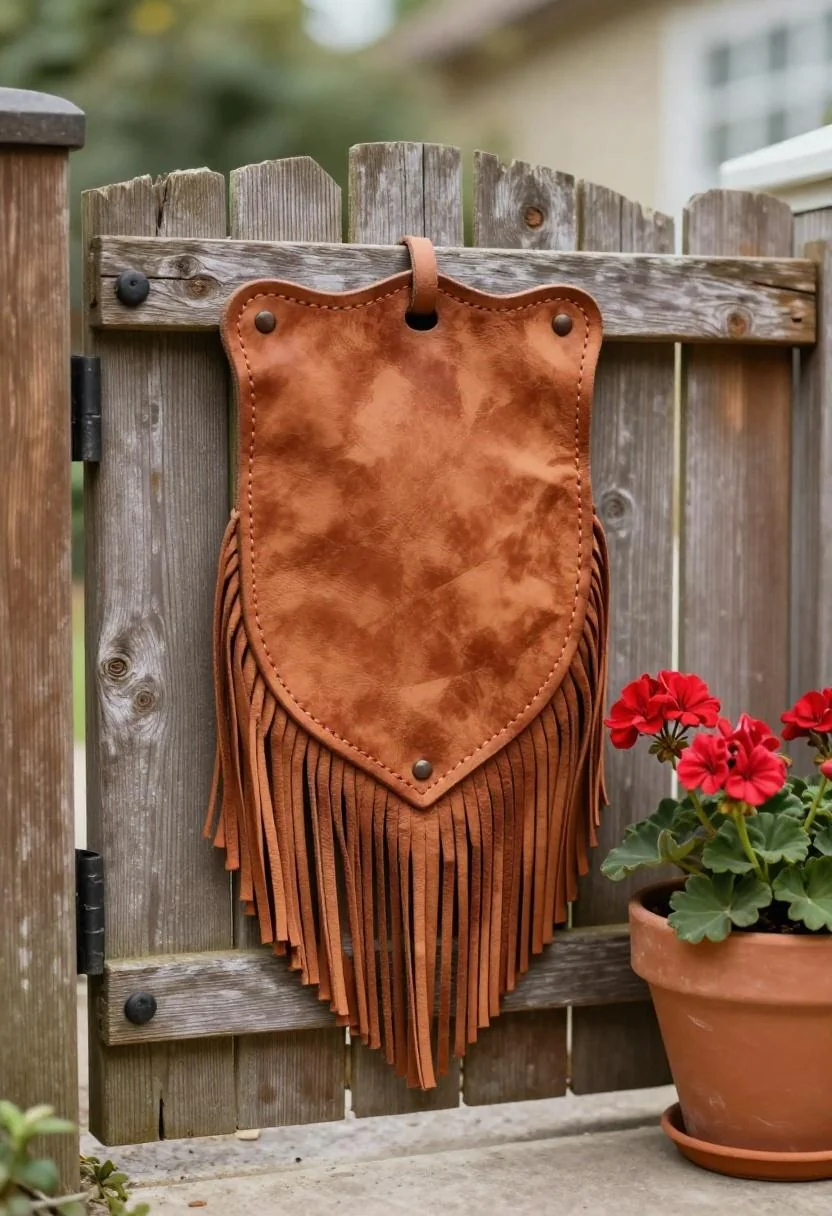 Leather shield door hanger with terracotta suede fringe on a weathered cedar garden gate