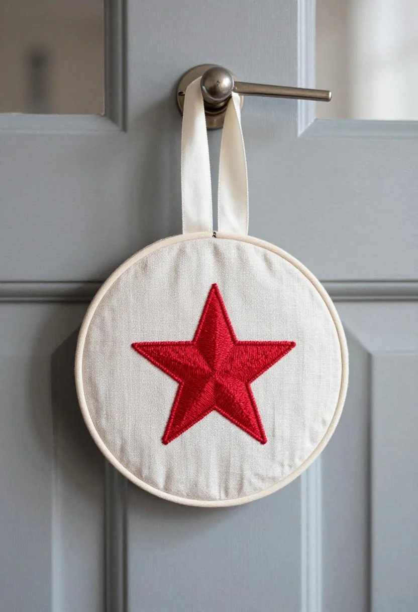 Embroidered linen hoop door hanger with a red star and cream white ribbon on a shaker-style door