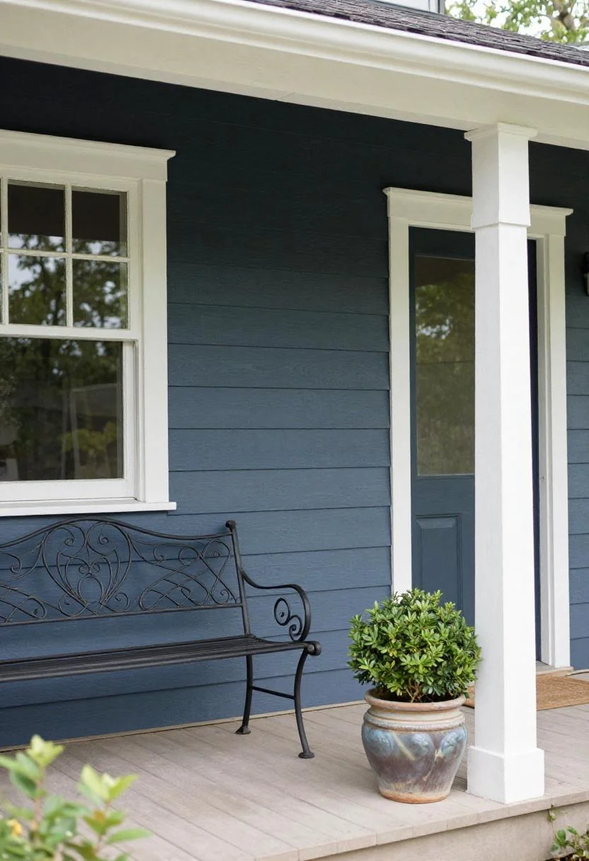 Plum noir cedar porch with wrought-iron bench and boxwood flanking the entry steps