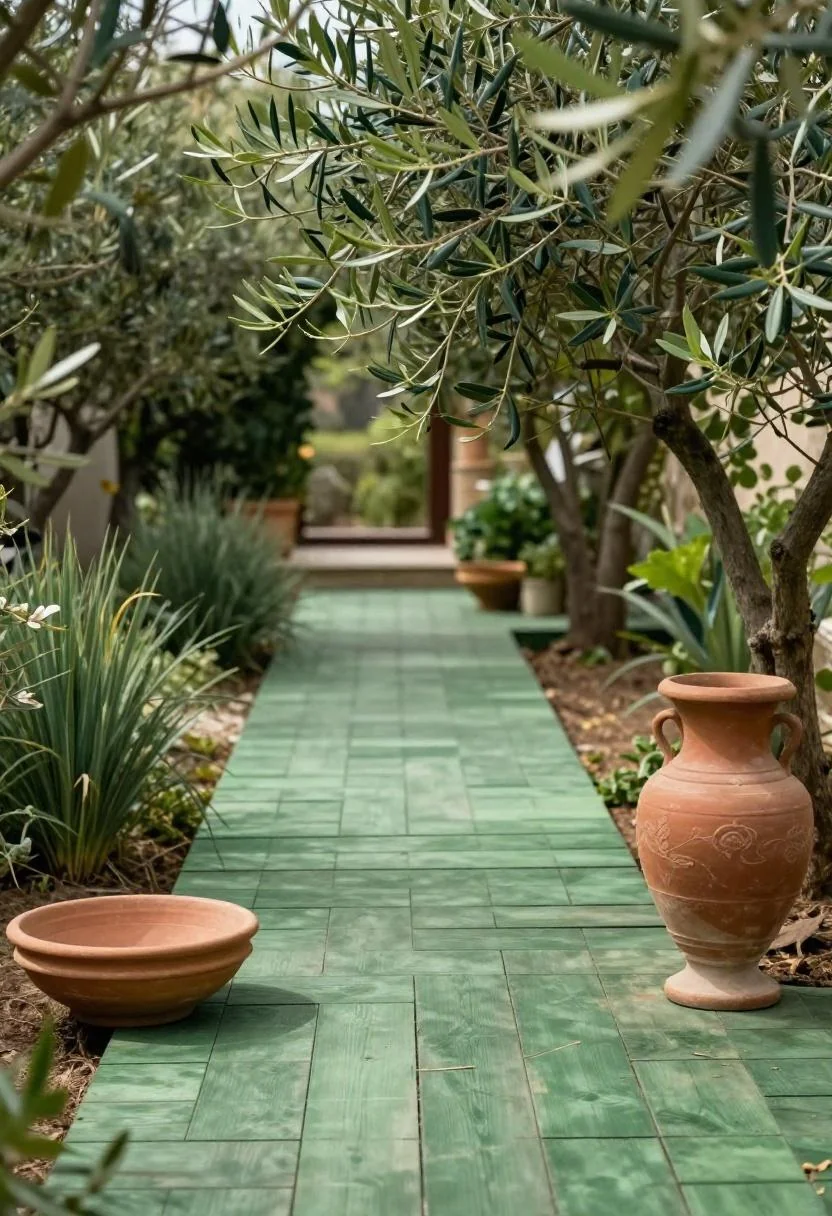 Jade green pine deck path with terracotta olive urn and clay water bowl on a Mediterranean patio