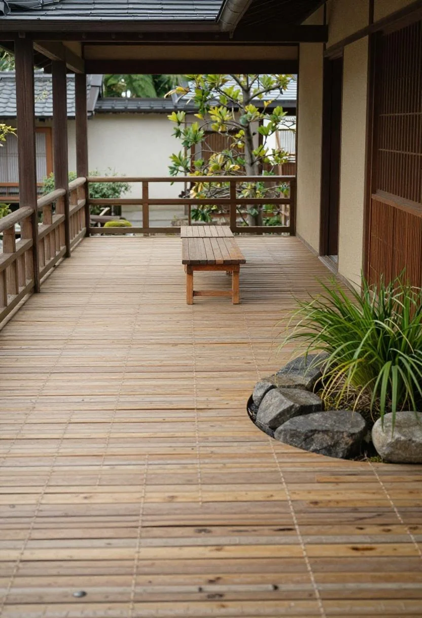 Wasabi bamboo balcony deck with teak bench and mondo grass planter in a zen layout