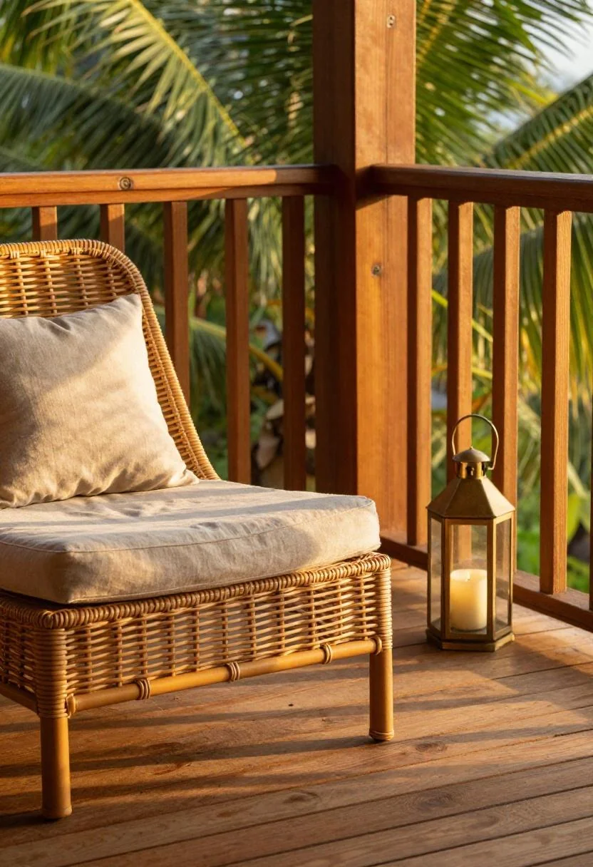 Persimmon teak deck corner with rattan lounge chair and brass lantern at golden hour