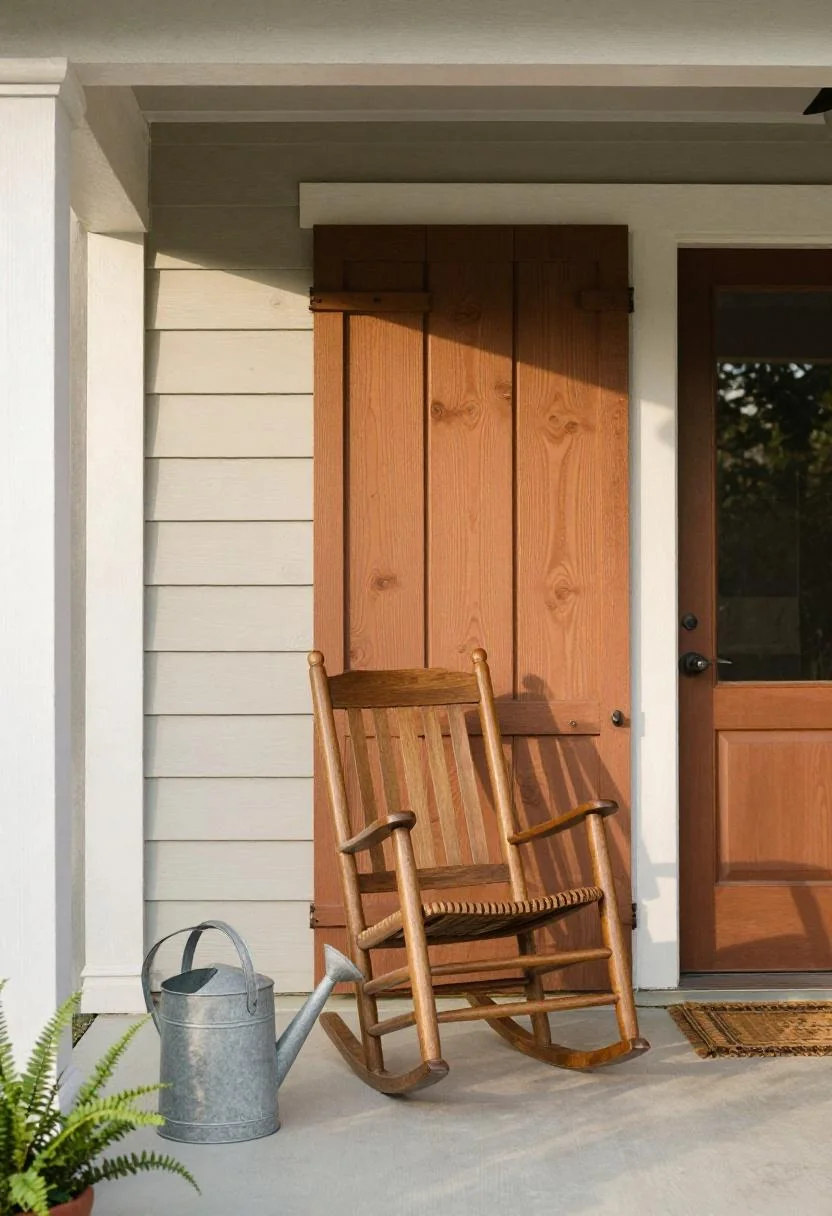 Warm terracotta oak porch with walnut rocking chair and fern flanking a clear front entry