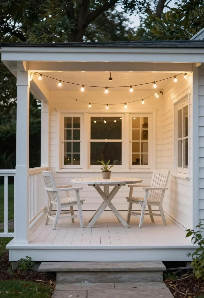 Cream white pine deck with acacia dining set under string lights at dusk
