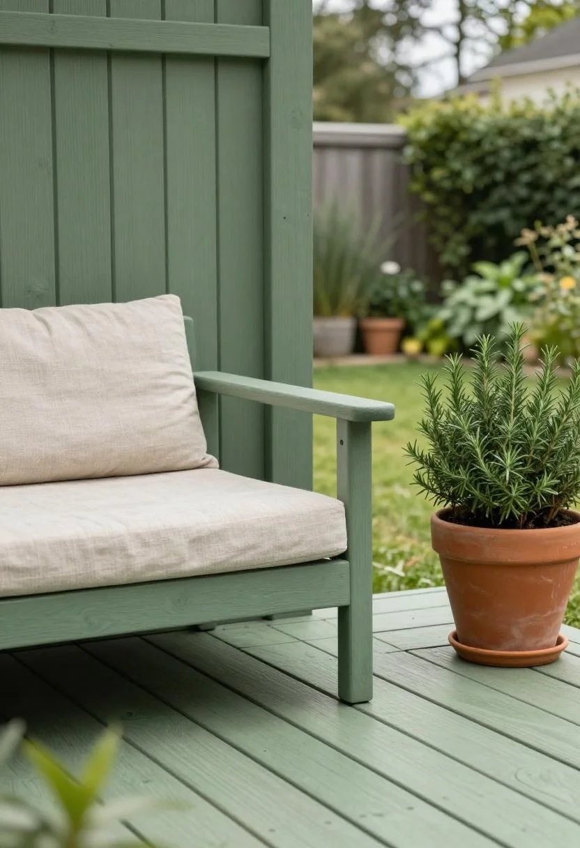 Sage green cedar patio with teak daybed and rosemary planter in a soft garden setting