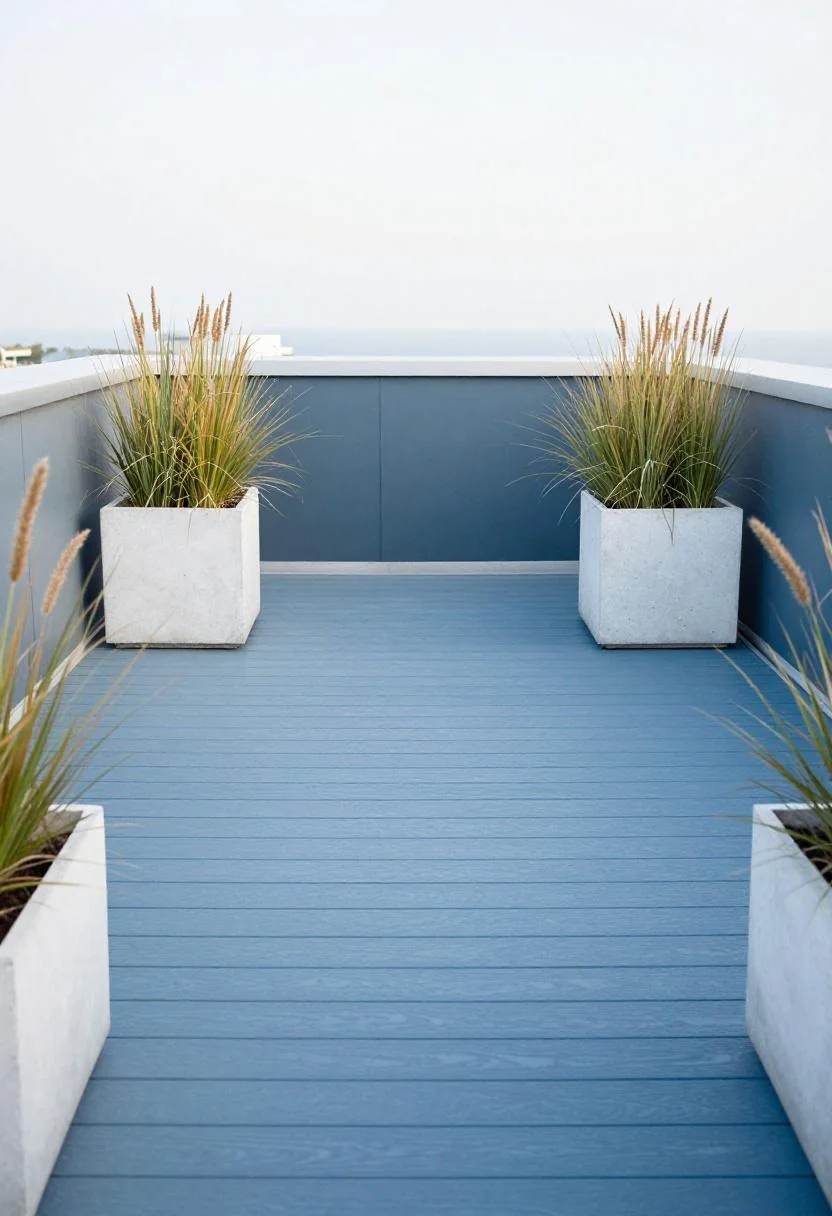 Cool blue composite rooftop deck with symmetrical concrete grass planters at midday